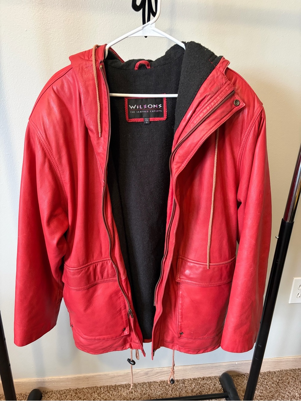 Wilson Red Leather Hooded Jacket with Black Lining